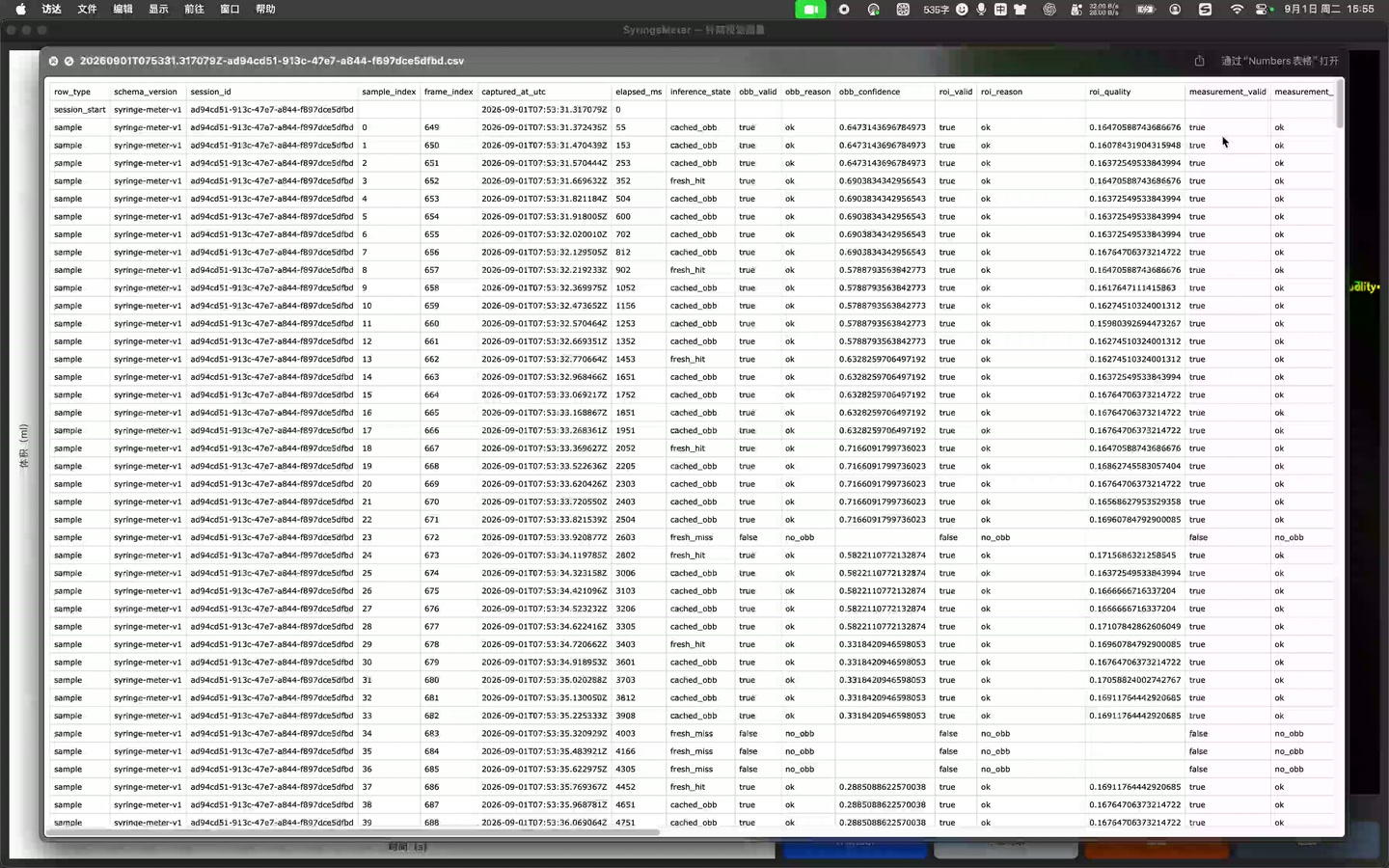 演示中打开的 CSV 表格，包含时间、会话标识、测量值和无有效检测的记录